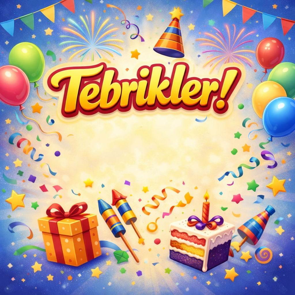 Colorful congratulatory message in Turkish with balloons, fireworks, cake, and gifts
