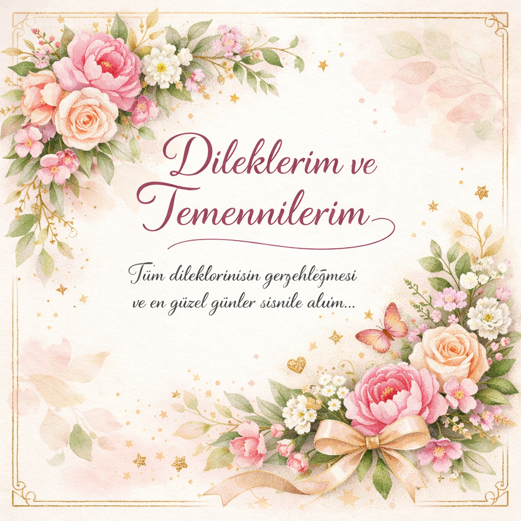 Turkish greeting card with pink and peach flowers, butterflies, and decorative text