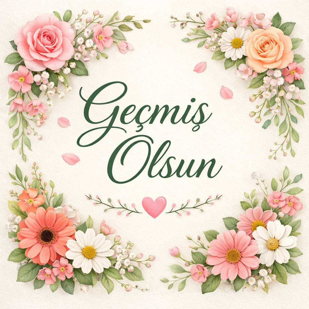 Turkish phrase 'Geçmiş Olsun' surrounded by pink and white flowers and a heart