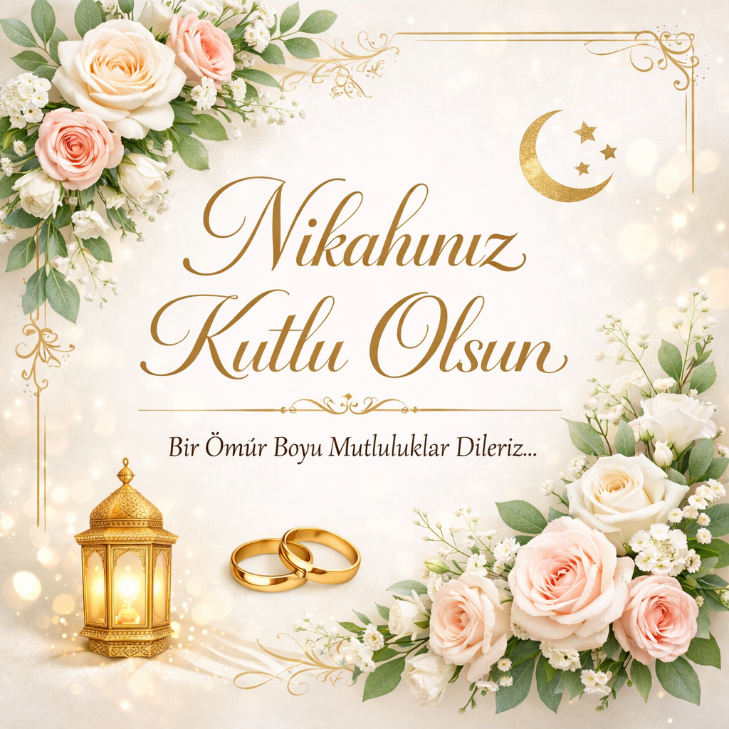 Turkish wedding greeting card with flowers, gold rings, lantern, crescent moon, and stars
